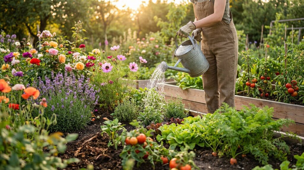 Golden hour view of a person watering a rich, diverse garden filled with ornamental flowers and healthy edibles.
