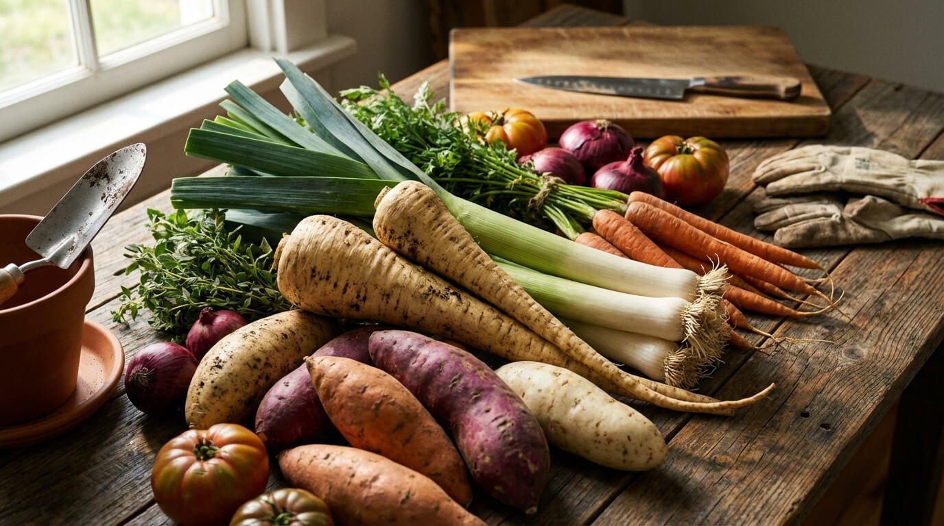 Légumes frais : panais, poireaux, patates douces, carottes, oignons et tomates sur table en bois avec pelle et gants de jardinage.