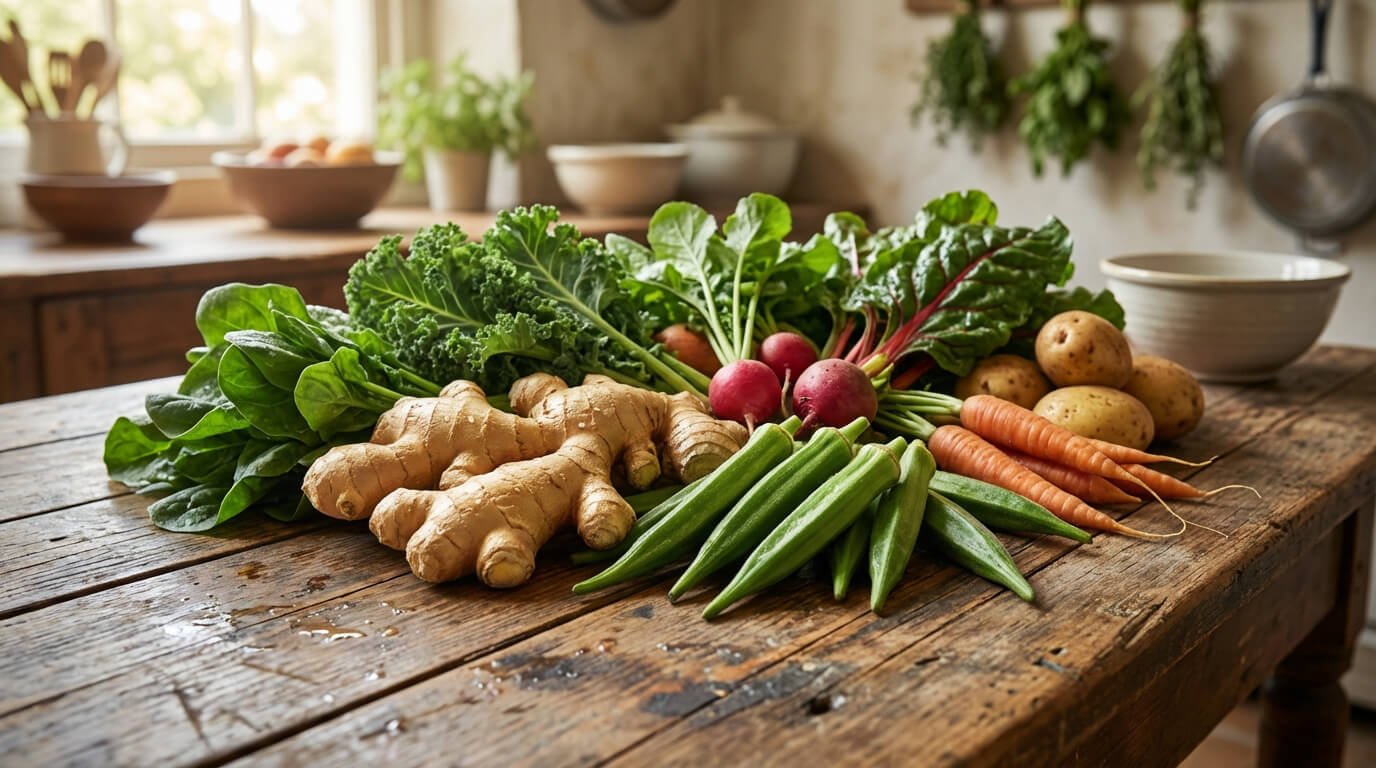 Assortiment de légumes frais comme gingembre, gombo, épinards, radis et carottes sur une table en bois rustique dans une cuisine lumineuse.
