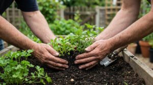 Anonymous hands gently plant vibrant green seedlings into rich, dark soil in a well-maintained raised garden bed under soft daylight.
