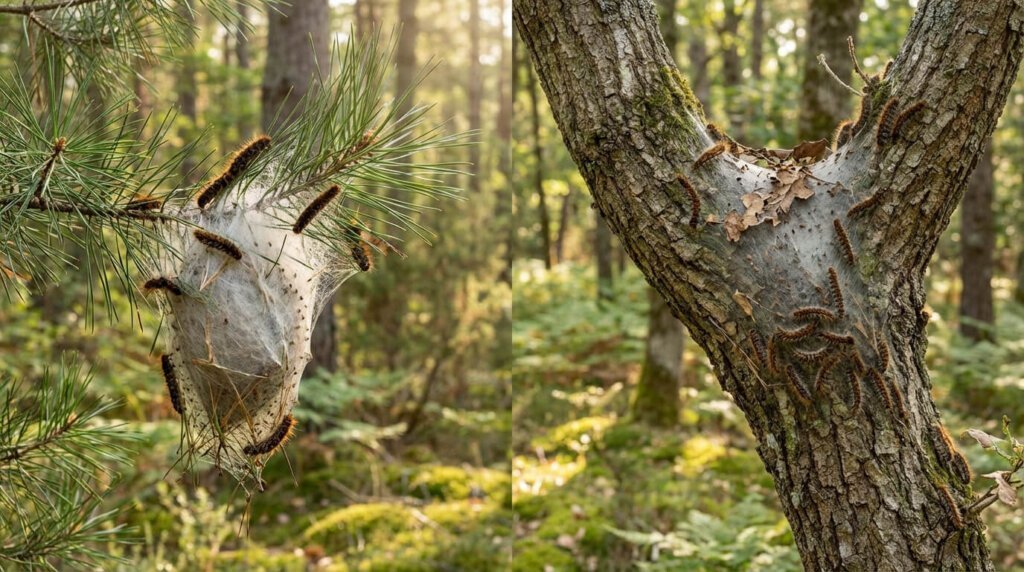 Nids de chenilles processionnaires du pin (gauche) et du chêne (droite) dans une forêt ensoleillée. Grosses larves velues visibles.