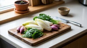 Endives, épinards et échalotes fraîches sur une planche à découper en bois, dans une cuisine. Un couteau est à côté.