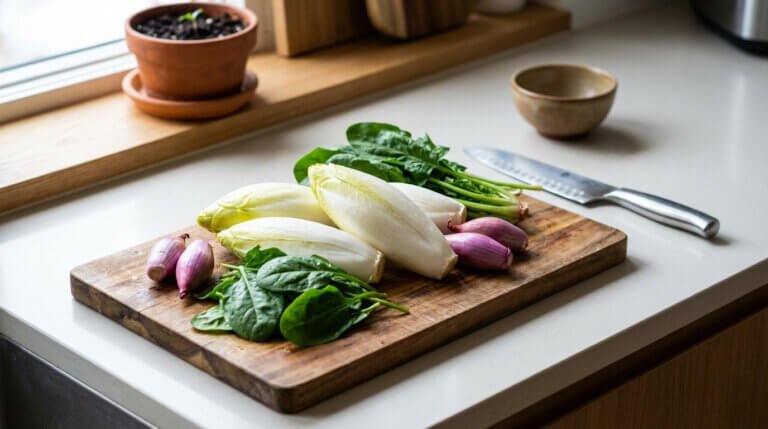 Endives, épinards et échalotes fraîches sur une planche à découper en bois, dans une cuisine. Un couteau est à côté.
