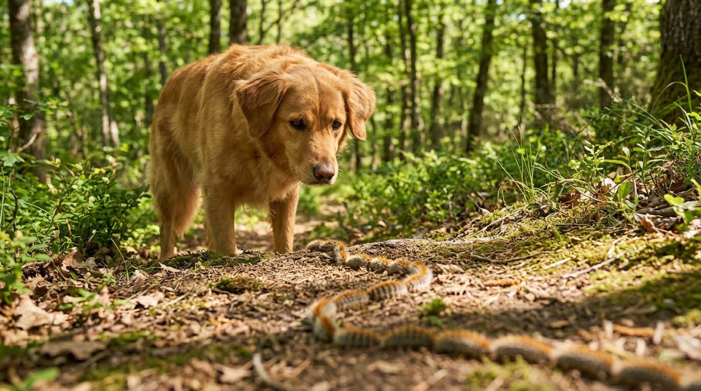 Un chien roux regarde attentivement une longue file de chenilles processionnaires sur le sol d'une forêt verdoyante.