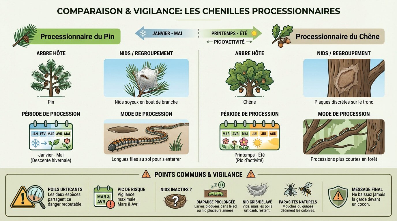Comparaison visuelle entre la chenille processionnaire du pin et celle du chĂȘne dans leur environnement naturel