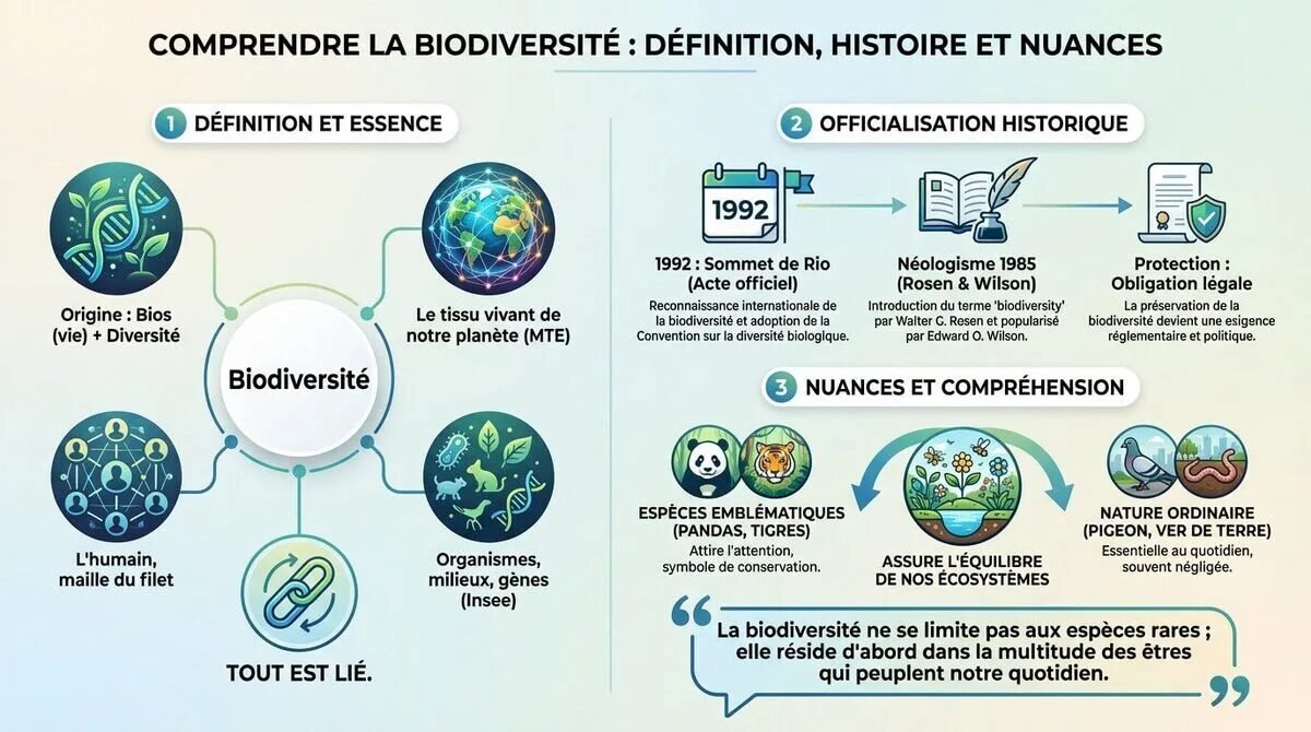 Schéma illustrant la définition et les racines de la biodiversité : gènes, espèces et écosystèmes