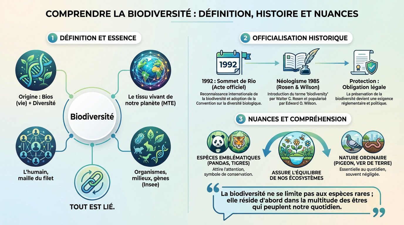 Schéma illustrant la définition et les racines de la biodiversité : gènes, espèces et écosystèmes