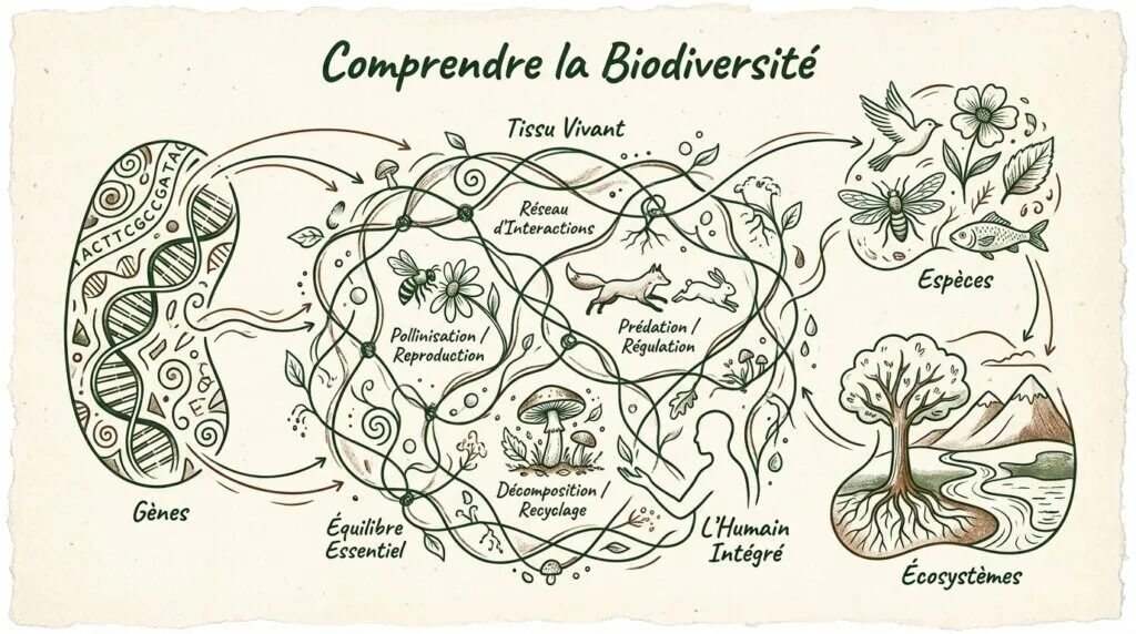 Schéma illustrant les trois niveaux de la biodiversité : gènes, espèces et écosystèmes