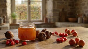 Pot de confiture de nèfles et fruits blets sur table en bois. Ambiance cuisine rustique avec fenêtre lumineuse en arrière-plan.