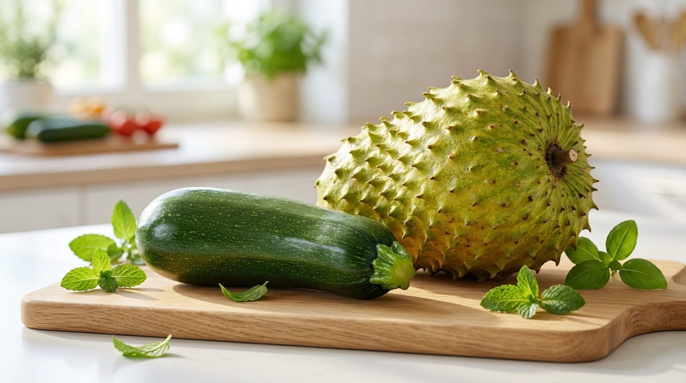 Une courgette verte et un corossol épineux sur une planche en bois dans une cuisine lumineuse, avec des feuilles de menthe.