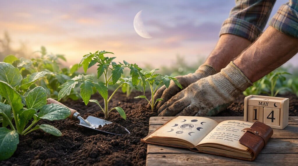 Close-up of gloved hands tending seedlings in a garden at dawn, with dew-kissed leaves, a trowel, a moon-phase journal, and a crescent moon in the pastel sky.