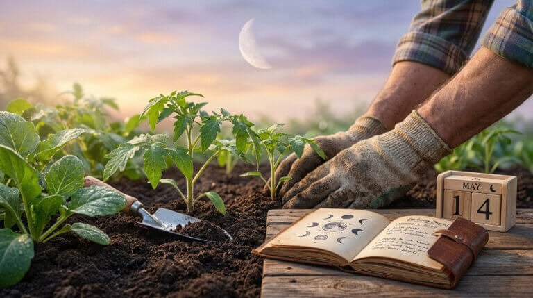 Close-up of gloved hands tending seedlings in a garden at dawn, with dew-kissed leaves, a trowel, a moon-phase journal, and a crescent moon in the pastel sky.