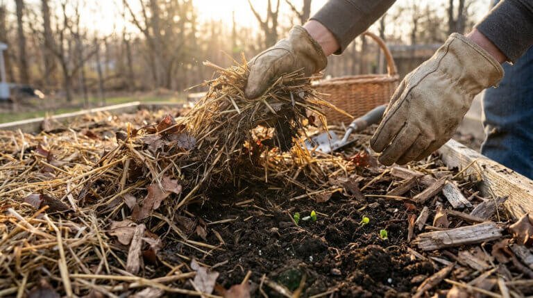 Une personne gantée retire du paillage de paille et de feuilles sèches d'un potager en carré, révélant de jeunes pousses vertes.
