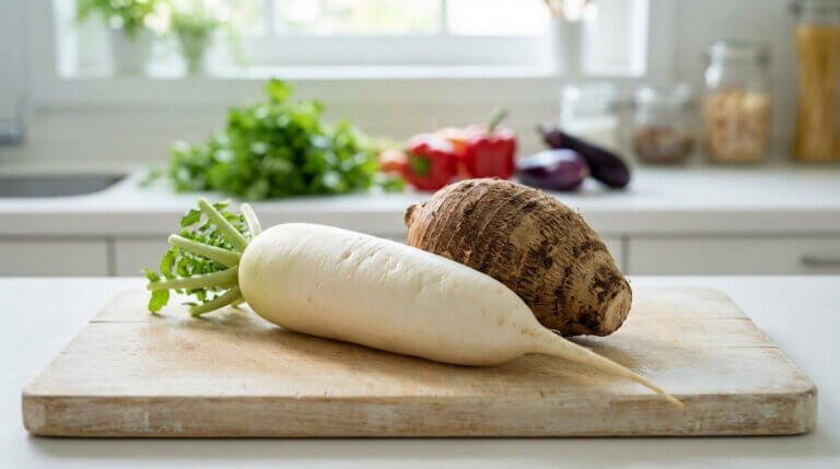 Un daikon blanc et une dachine brune sur une planche en bois dans une cuisine lumineuse avec d'autres légumes flous.