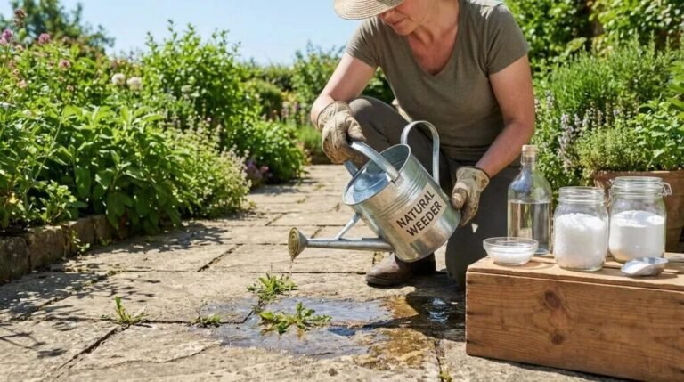 Personne désherbant une allée pavée avec un arrosoir marqué « NATURAL WEEDER » et des ingrédients naturels.