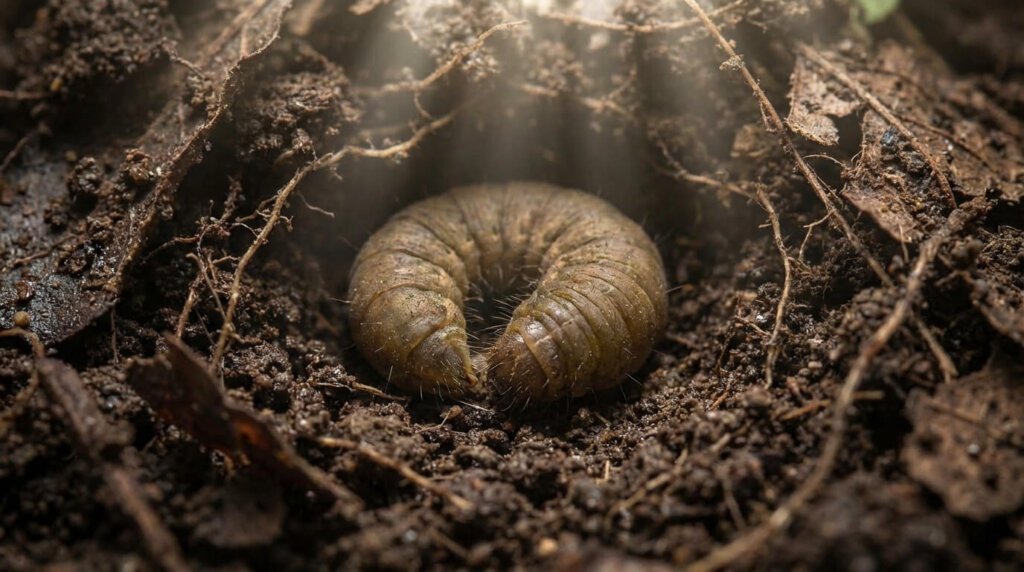 Gros plan d'une chenille marron-verte recroquevillée dans la terre sombre, avec des racines et de la lumière filtrant du haut.