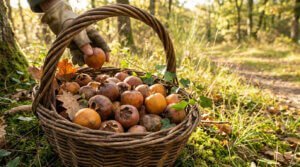 Une main gantĂ©e dĂ©pose une nĂšfle blette dans un panier en osier rempli de fruits et de feuilles d'automne, sur un lit de mousse en forĂȘt.