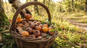 Une main gantée dépose une nèfle blette dans un panier en osier rempli de fruits et de feuilles d'automne, sur un lit de mousse en forêt.