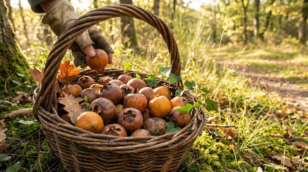 Une main gantée dépose une nèfle blette dans un panier en osier rempli de fruits et de feuilles d'automne, sur un lit de mousse en forêt.