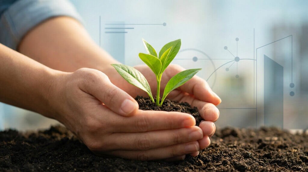 Close-up of hands gently cupping a vibrant green plant seedling in soil, with blurred modern graphic elements in the background, symbolizing eco-responsibility and sustainable growth.