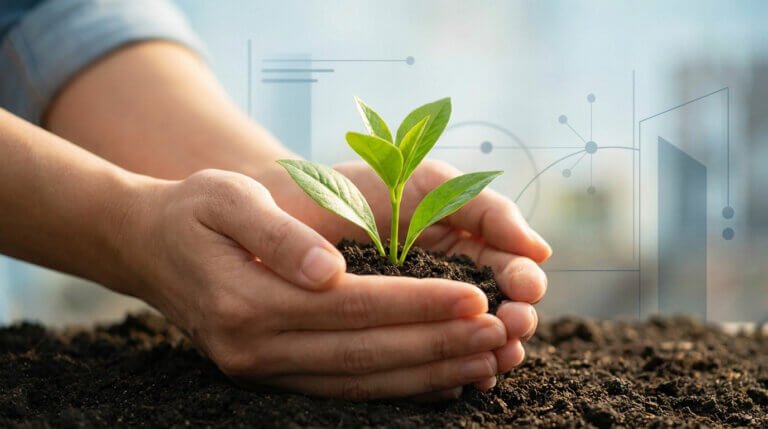 Close-up of hands gently cupping a vibrant green plant seedling in soil, with blurred modern graphic elements in the background, symbolizing eco-responsibility and sustainable growth.