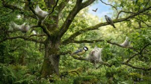 Scène forestière montrant un arbre infesté de chenilles processionnaires, avec une mésange, un coucou et une chauve-souris, leurs prédateurs.