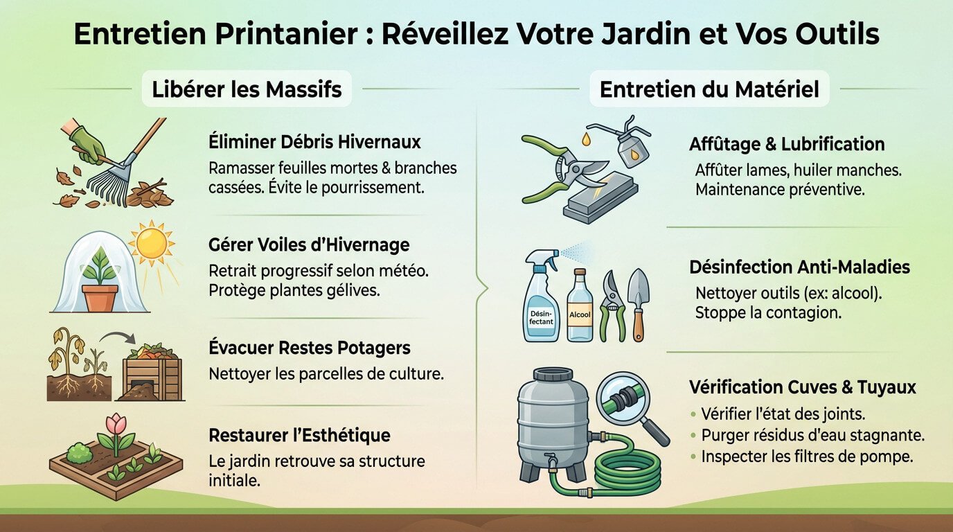 Nettoyage des massifs et entretien des outils de jardinage au printemps pour préparer la saison