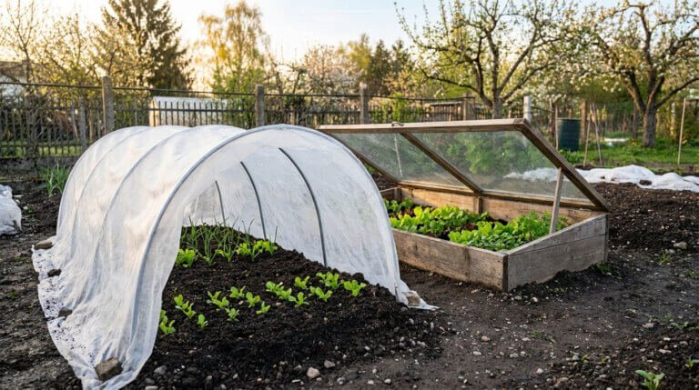 Voile de forçage et châssis en bois ouverts protégeant des semis et jeunes pousses vertes dans un jardin potager ensoleillé.