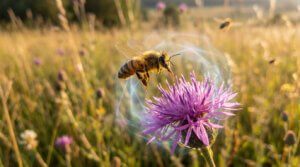 A European honey bee collects nectar from a purple flower in a golden meadow, enveloped by a subtle, cool, crystalline distortion.