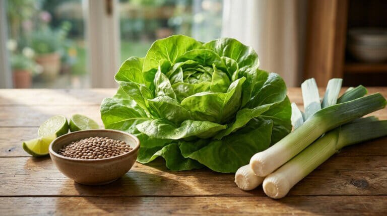 Gros plan sur une laitue pommée fraîche, un bol de lentilles et des poireaux, avec des quartiers de citron vert, sur une table en bois près d'une fenêtre ensoleillée.