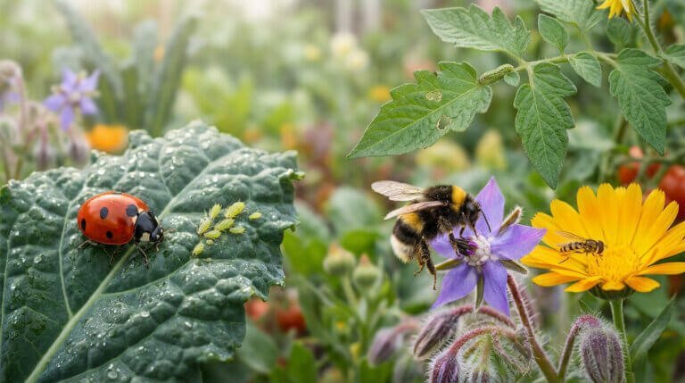 A vibrant garden scene showing a ladybug near aphids, a bumblebee on a purple flower, a hoverfly on a yellow flower, and a caterpillar on a leaf, illustrating natural biodiversity.