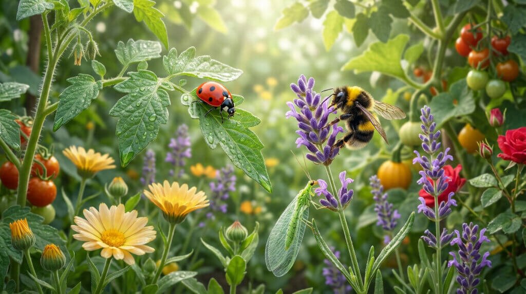 Lush, vibrant garden with a ladybug on a dewy leaf, a bumblebee on lavender, and a lacewing, showcasing natural harmony.