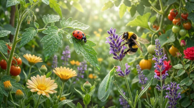 Lush, vibrant garden with a ladybug on a dewy leaf, a bumblebee on lavender, and a lacewing, showcasing natural harmony.
