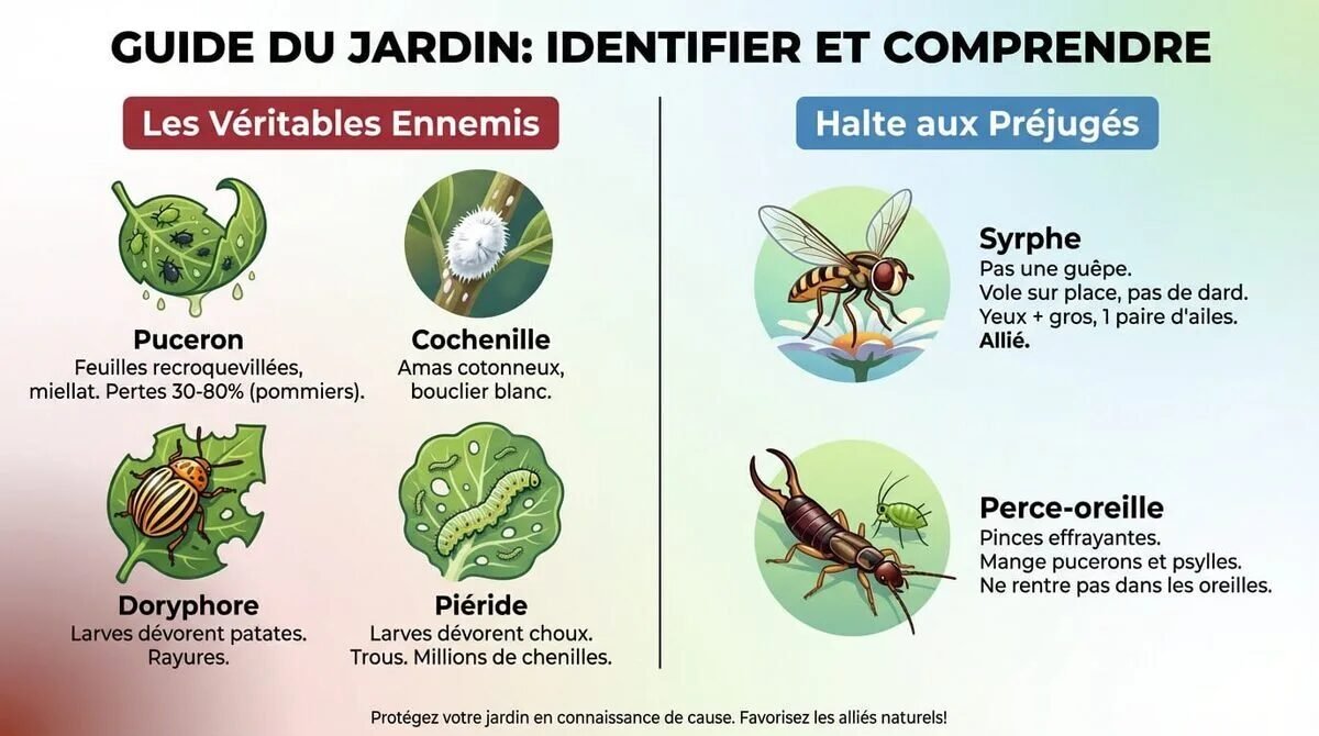 Jardinier observant des insectes sur une feuille à la loupe pour distinguer les nuisibles des auxiliaires