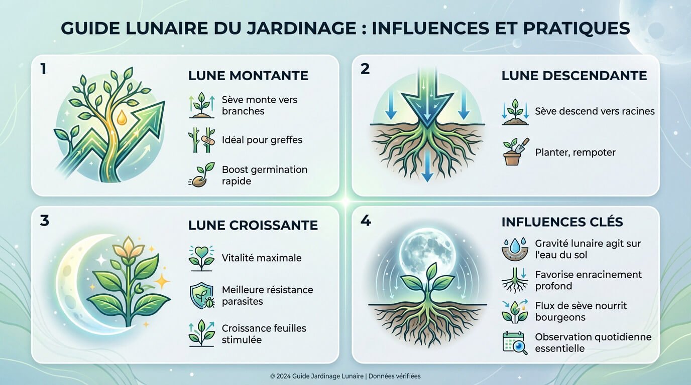 Guide visuel du jardinage avec la lune : phases montante, descendante et travaux associés