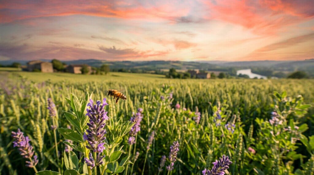 A sharp honey bee hovers near purple flowering crops in a lush French field at golden hour, under a warm, colorful sunset sky.