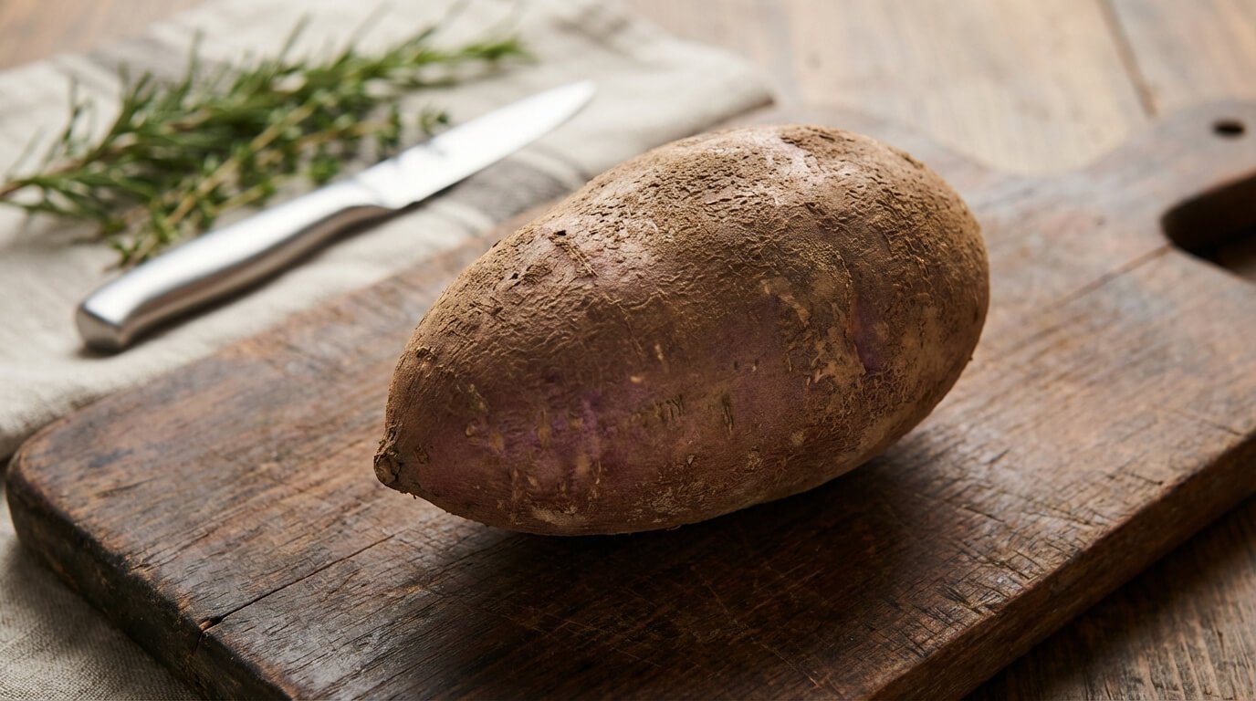 Une igname brute repose sur une planche à découper en bois, à côté d'un couteau et de brins de romarin sur un torchon.