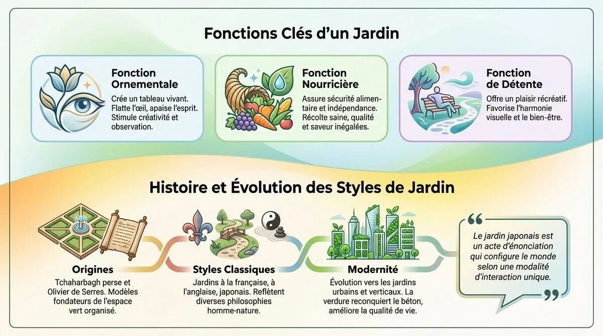 Schéma illustrant les fonctions ornementales et nourricières du jardinage à travers l'histoire