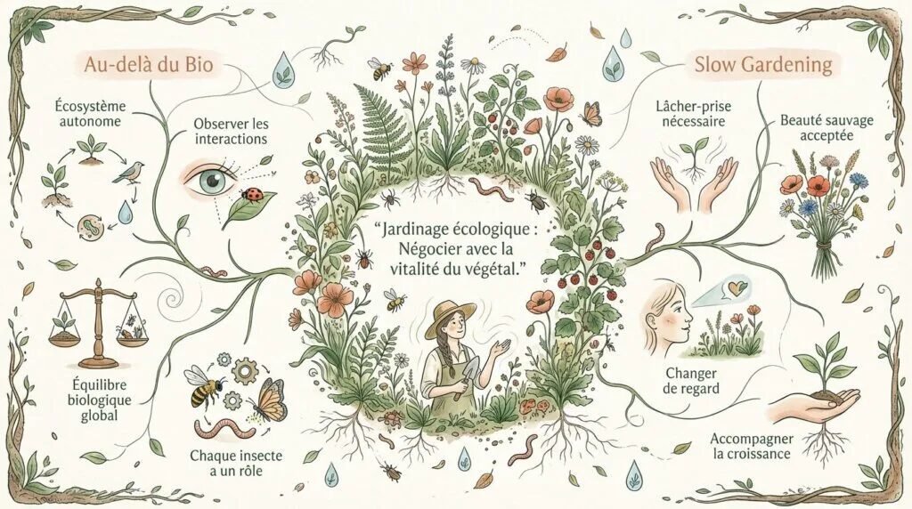 Infographie sur les principes du jardinage écologique et la biodiversité