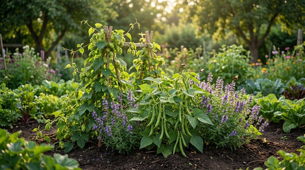 Vue d'un potager ensoleillé avec houblon grimpant, plants de haricots verts et fleurs d'hysope violettes, attirant les insectes.
