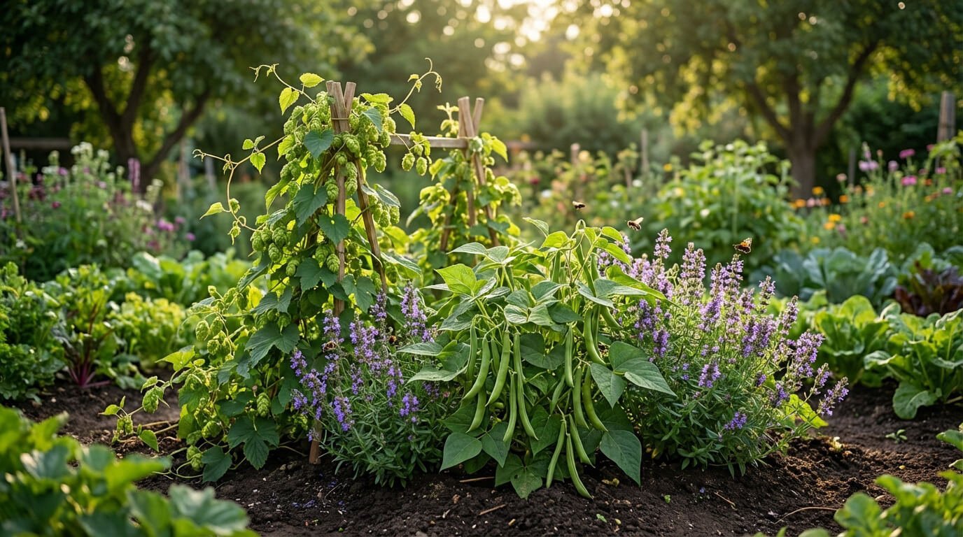 Vue d'un potager ensoleillé avec houblon grimpant, plants de haricots verts et fleurs d'hysope violettes, attirant les insectes.