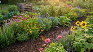 Jardin luxuriant avec fleurs variées, légumes, papillon, abeille, coccinelle et compost. Illustration de biodiversité.
