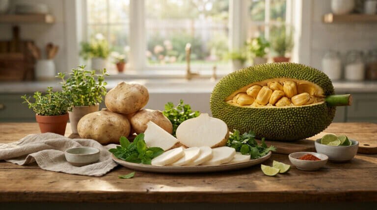 Table de cuisine avec un jacquier ouvert et des jicamas entiers et coupés, accompagnés d'herbes et de citrons verts.