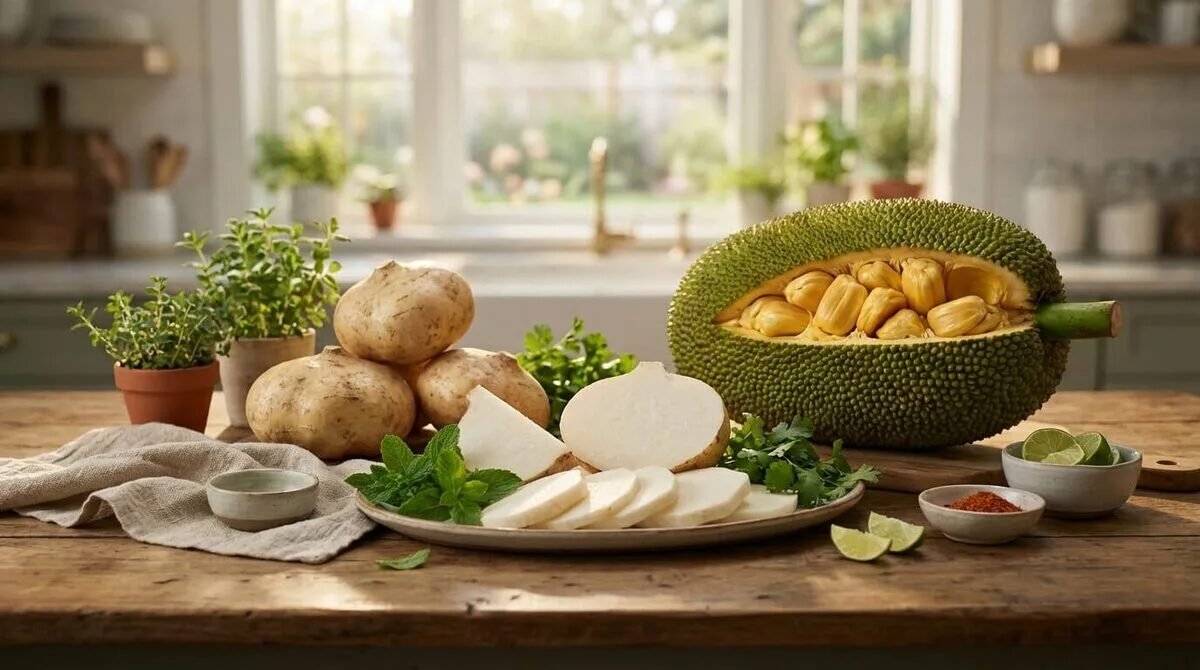 Table de cuisine avec un jacquier ouvert et des jicamas entiers et coupés, accompagnés d'herbes et de citrons verts.