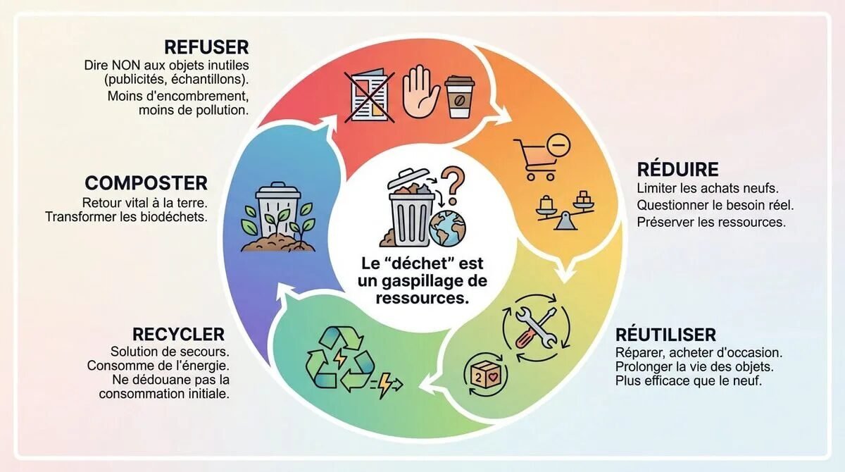 Schéma explicatif de la règle des 5R pour un mode de vie zéro déchet
