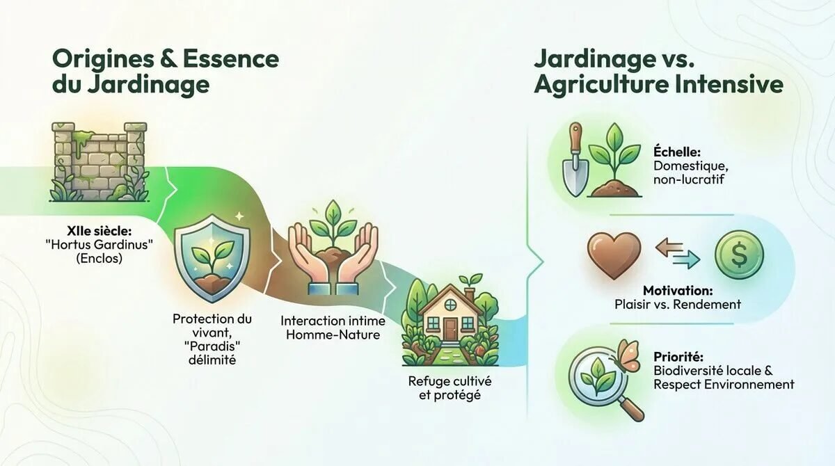 Illustration d'un jardinier travaillant la terre dans un espace clos et végétalisé