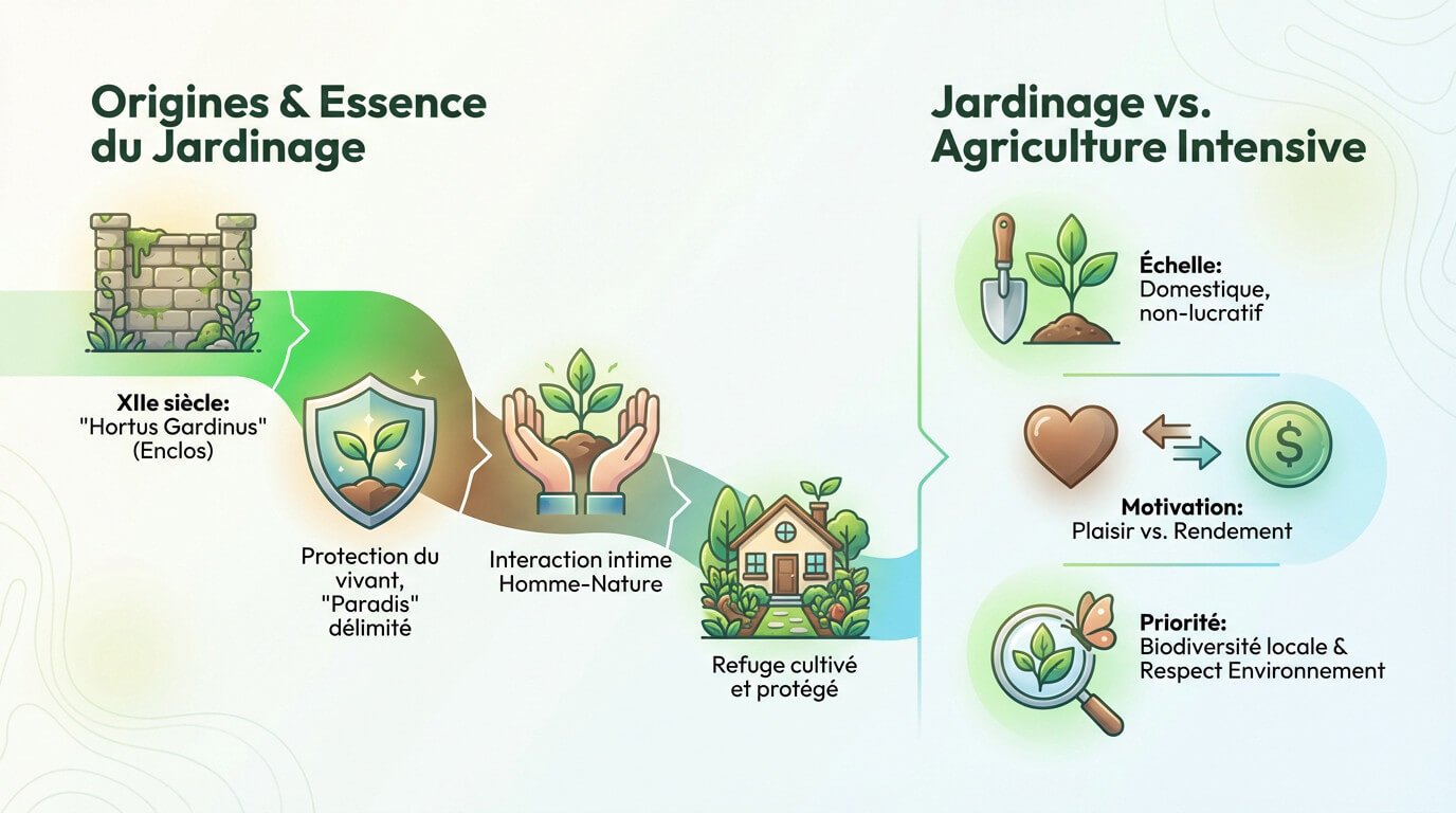 Illustration d'un jardinier travaillant la terre dans un espace clos et végétalisé
