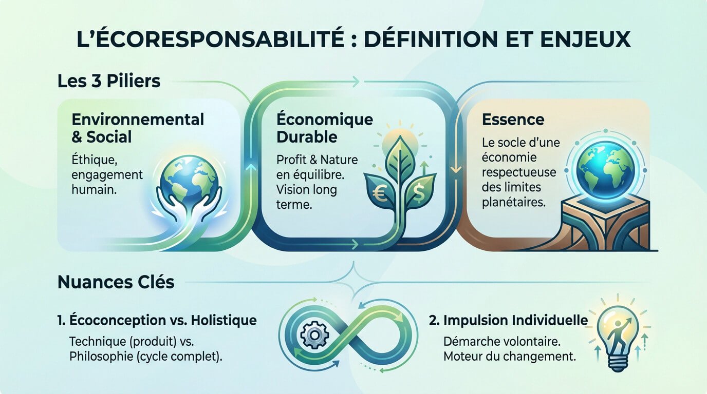 Illustration symbolisant l'équilibre entre nature et économie dans une démarche écoresponsable