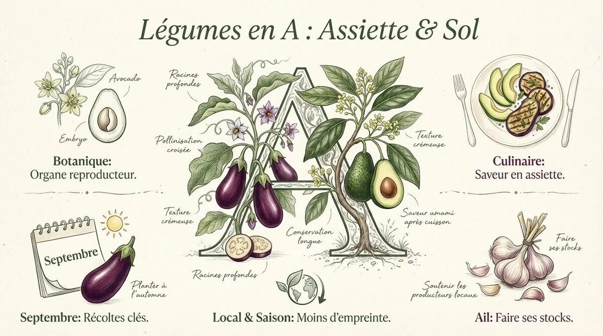 Sélection de légumes en A avec des aubergines et de l'ail frais