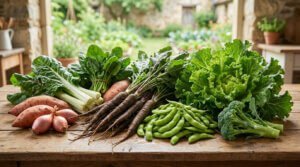 Variété de légumes frais du potager sur une table en bois, devant un jardin luxuriant. Inclut soja et salade.